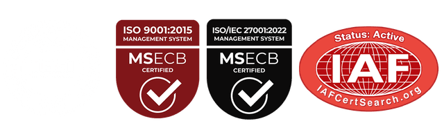 ISO 9001:2015 MSECB Certified, ISO/IEC 27001:2022 MSECB Certified, IAF CertSearch Active